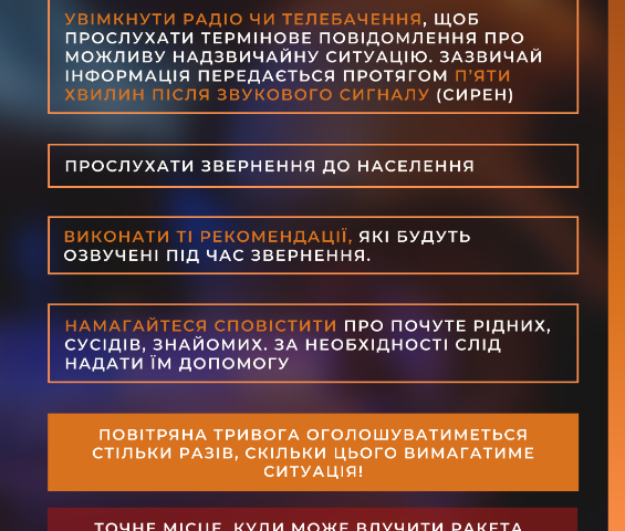 Жмеринське районне управління ЦЗ та ПД ГУ ДСНС України у Вінницькій області нагадує мешканцям Жмеринського району, як діяти під час сигналу «Повітряна тривога»: