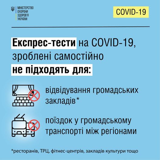 Експрес-тести на COVID-19, зроблені в домашніх умовах, не є чинним для відвідування громадських закладів та поїздок у громадському транспорті.